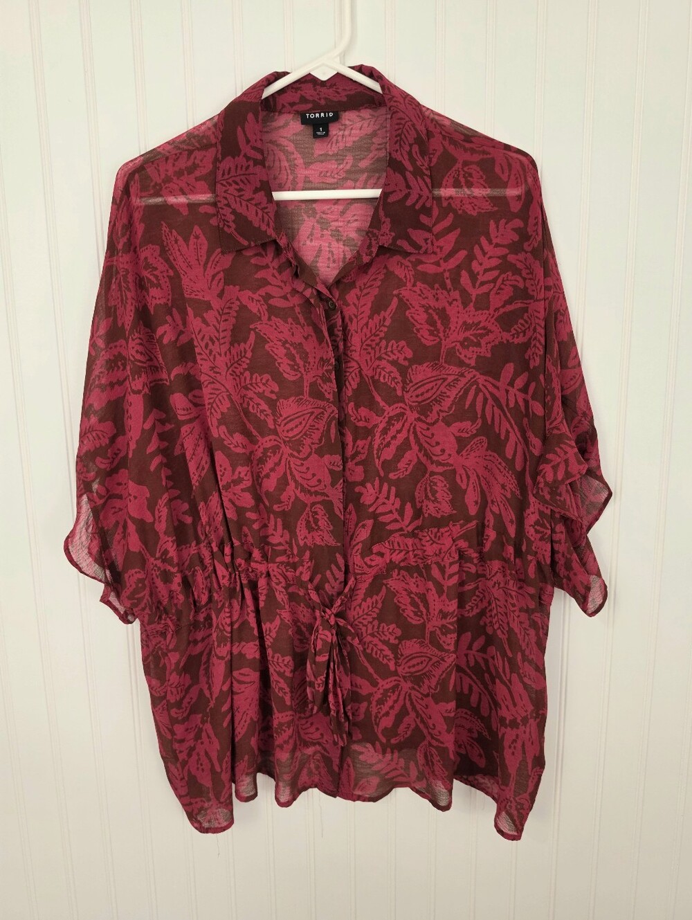 Torrid | Sheer Button Up Tie Waist Blouse Maroon Size 1X